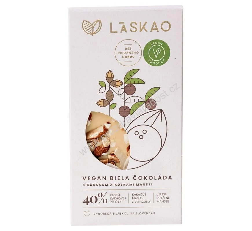 Bílá čokoláda s kokosem a kousky mandlí VEGAN 75 g LASKAO